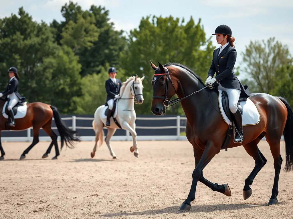 A group of riders participating in a dressage training session in an outdoor arena, showcasing precision and elegance in their movements.