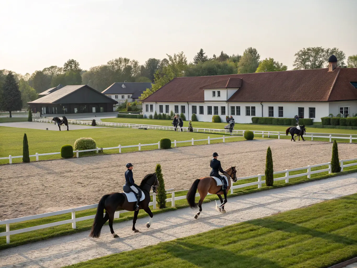 A group of riders participating in a dressage training session in an outdoor arena, focusing on precision and harmony with their horses.