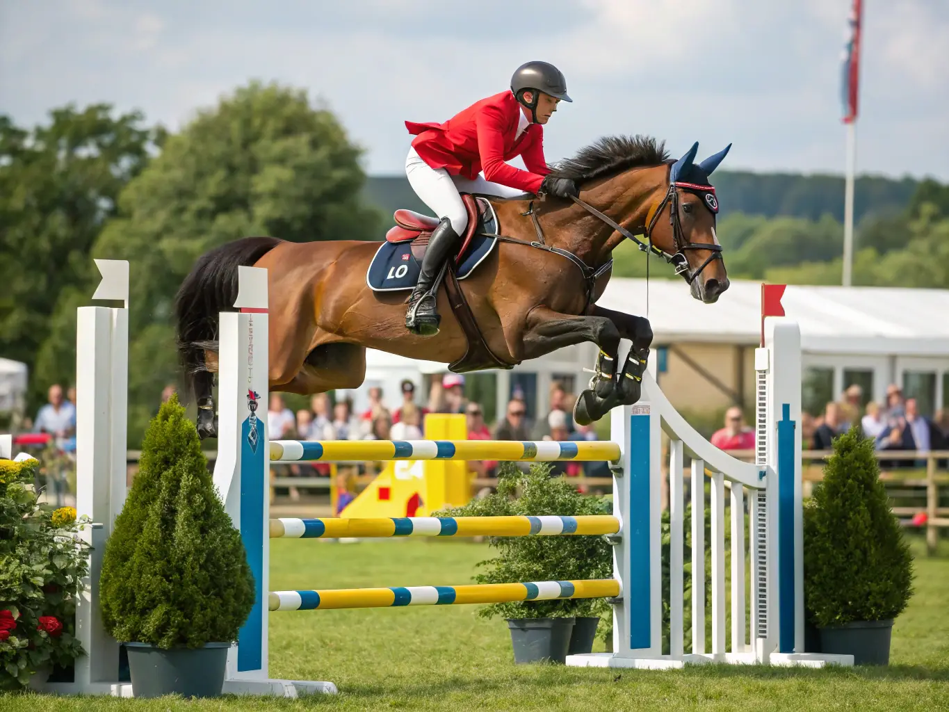 A dynamic image of horses and riders competing in a show jumping event, showcasing athleticism and teamwork.