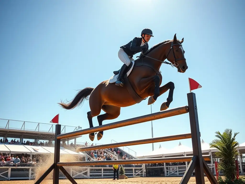 A vibrant scene of a show jumping competition, with a rider and horse clearing a jump against a backdrop of cheering spectators.