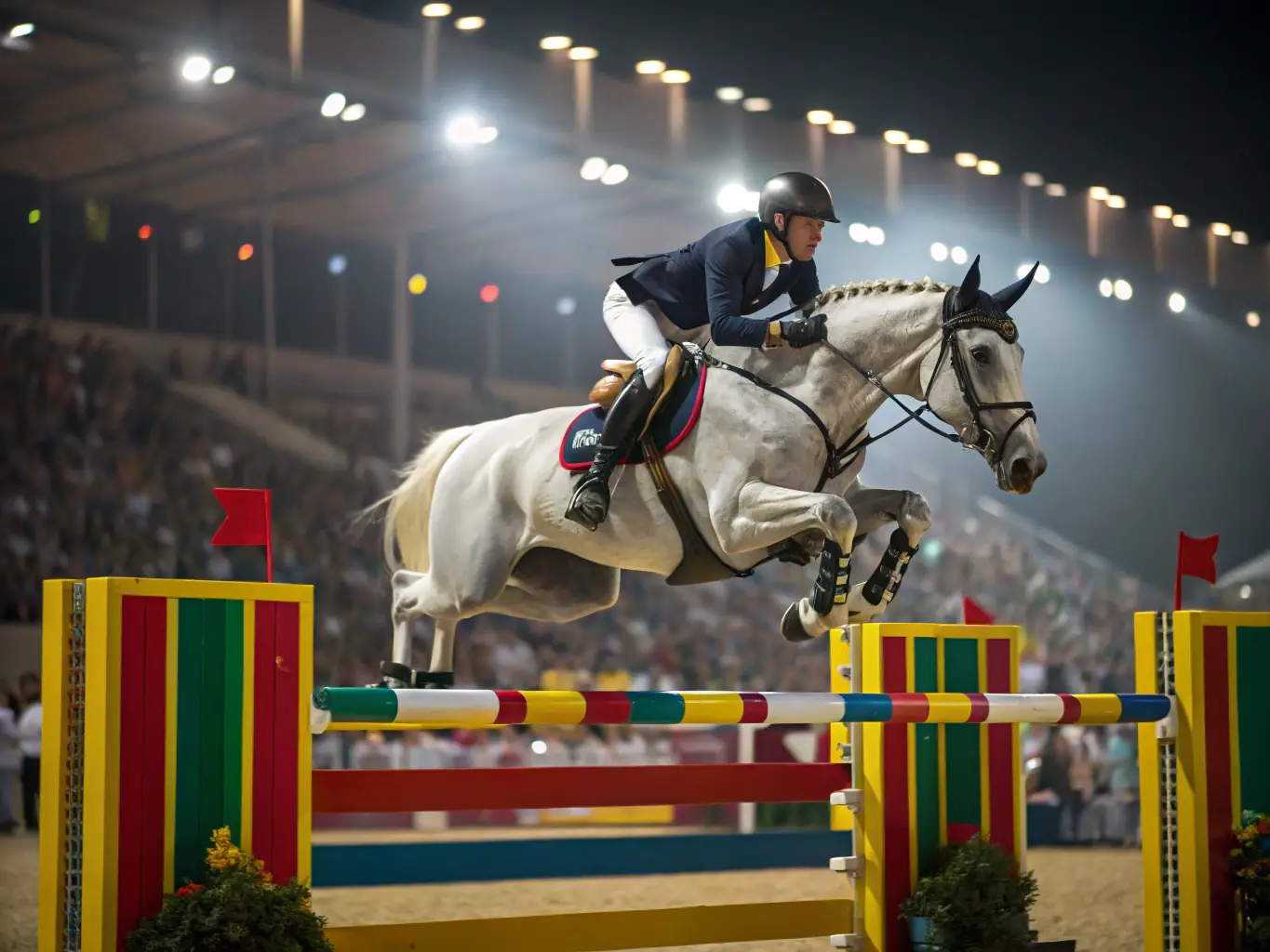 A vibrant scene from a horse show, with riders competing in jumping events, showcasing their skill and agility.