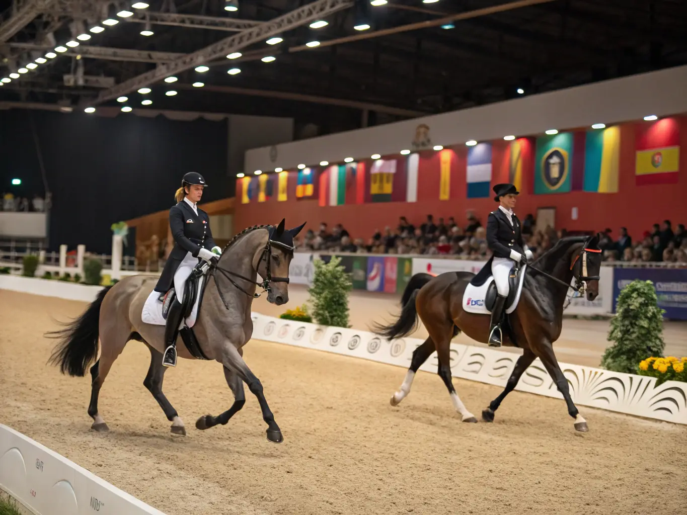 A group of riders participating in a dressage training session in an outdoor arena, focusing on precision and harmony with their horses.