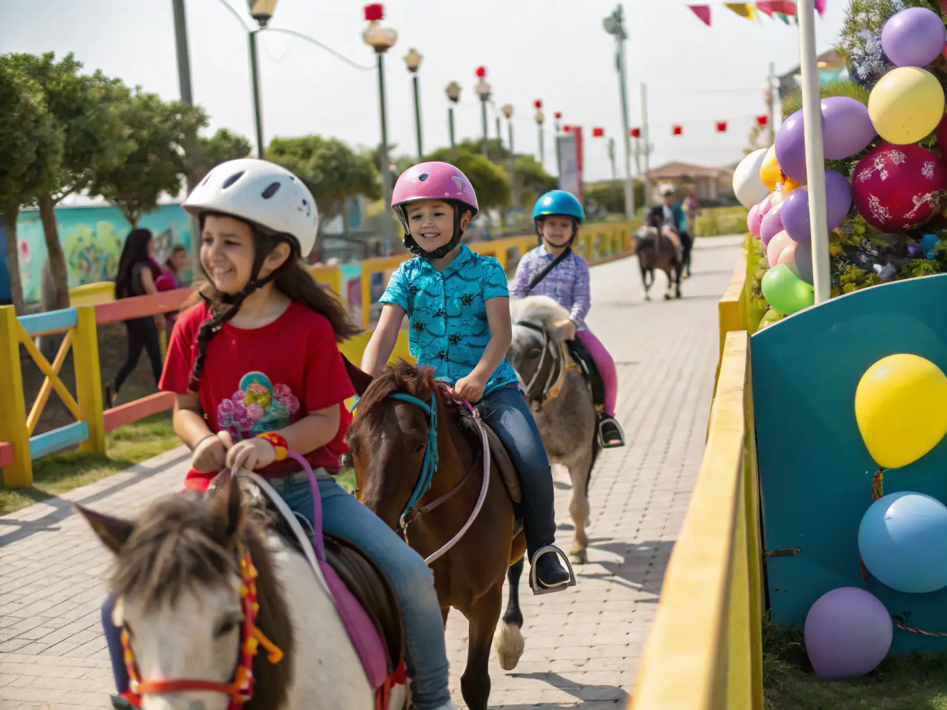 A group of children enjoying a pony ride at a community event, highlighting the accessibility and fun of equestrian activities.