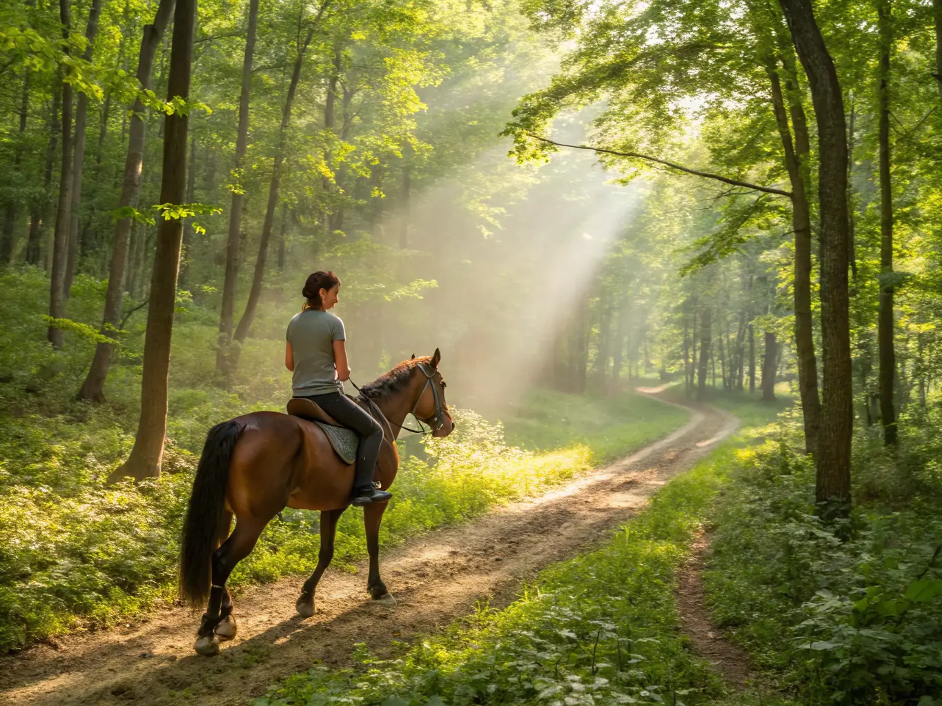 A serene image of riders enjoying a leisurely trail ride through a scenic countryside, emphasizing the connection between humans and horses.
